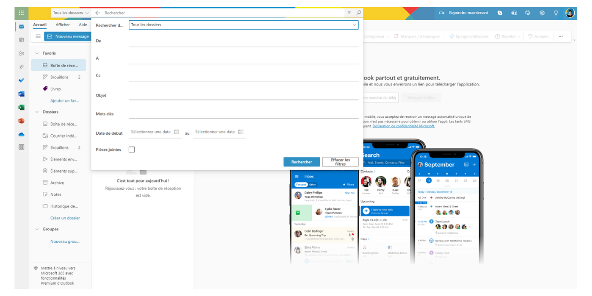 Outlook - Recherche avancée au sein de la messagerie