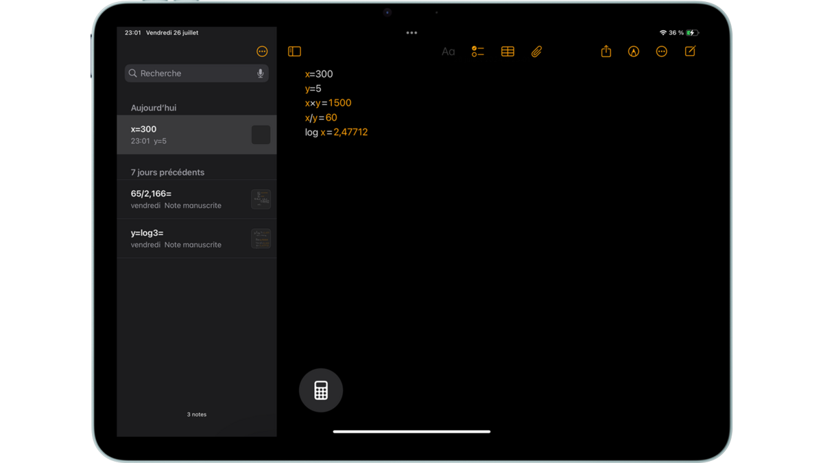 Aperçu de Math Notes depuis l'app Calculette d'iPadOS 18 © Clubic