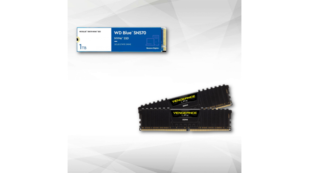 Le pack avec le SSD WD SN570 1 To et les deux barrettes de 8 Go de RAM Corsair Vengeance