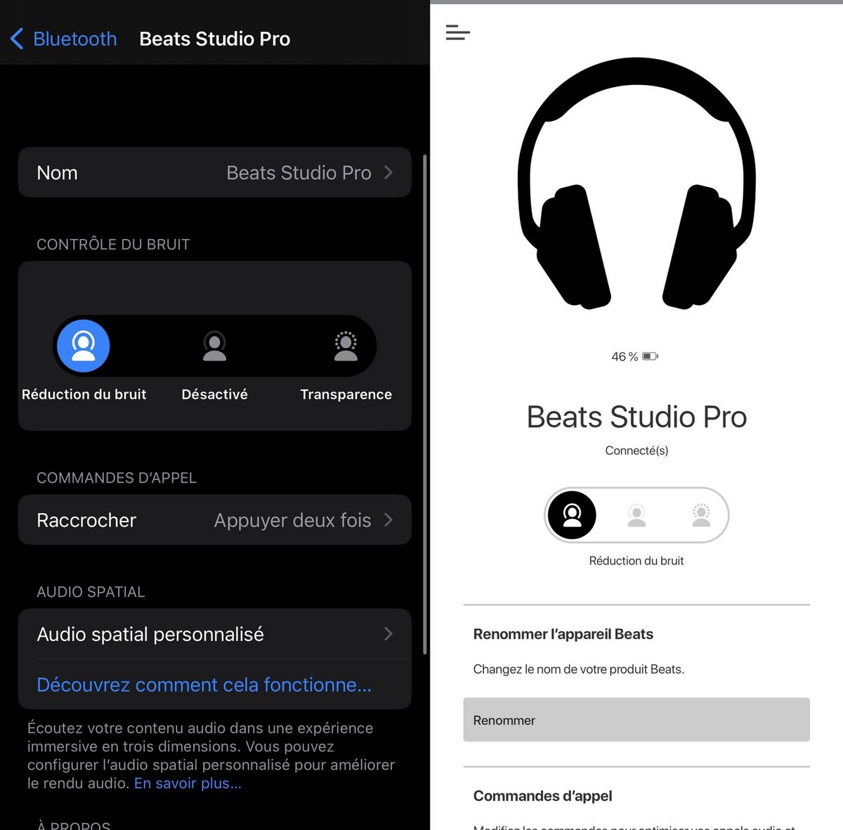 A gauche, les réglages du casque en natif sur iOS ; A droite, l'application dédiée sur Android