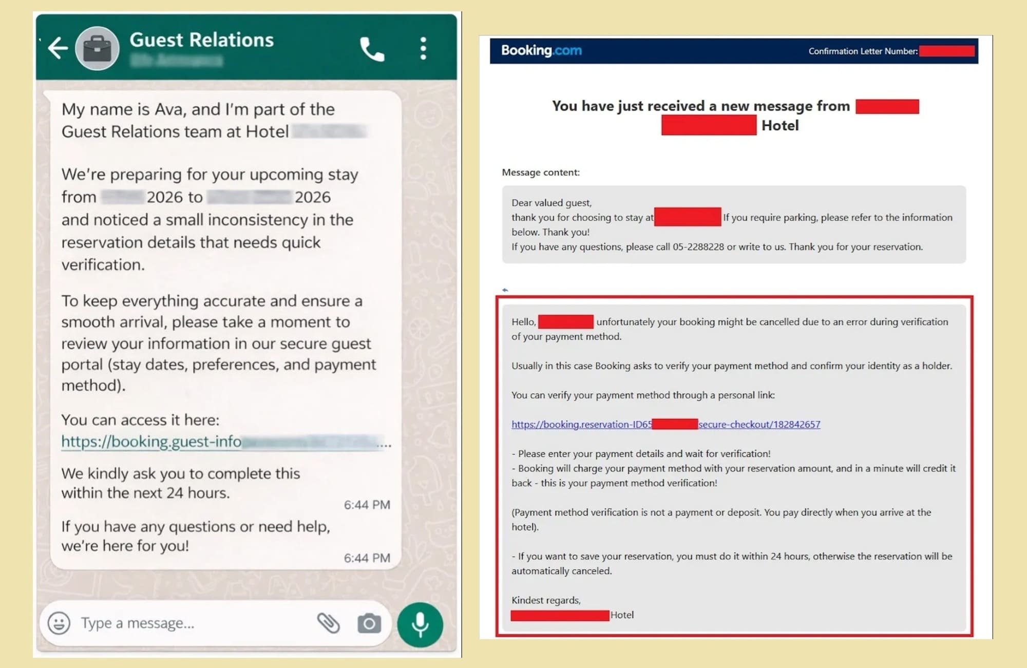 Voici deux exemples de messages frauduleux reprenant des informations de réservation réelles, l'un par WhatsApp, l'autre depuis la messagerie Booking. © Norton