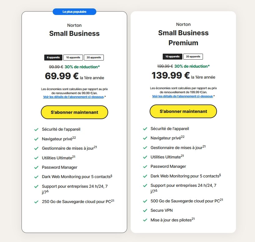 Les deux formules de Norton Small Business