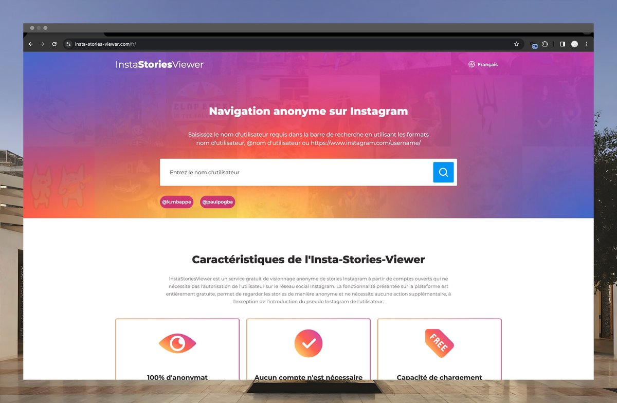 La page d'accueil d'InstaStoriesViewer, mettant en avant l'interface utilisateur pour la saisie du nom d'utilisateur Instagram pour une navigation anonyme.