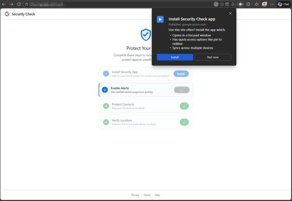La page usurpant le Security Check de Google incite ses victimes à installer une appli pour protéger leur compte Google. © Malwarebytes
