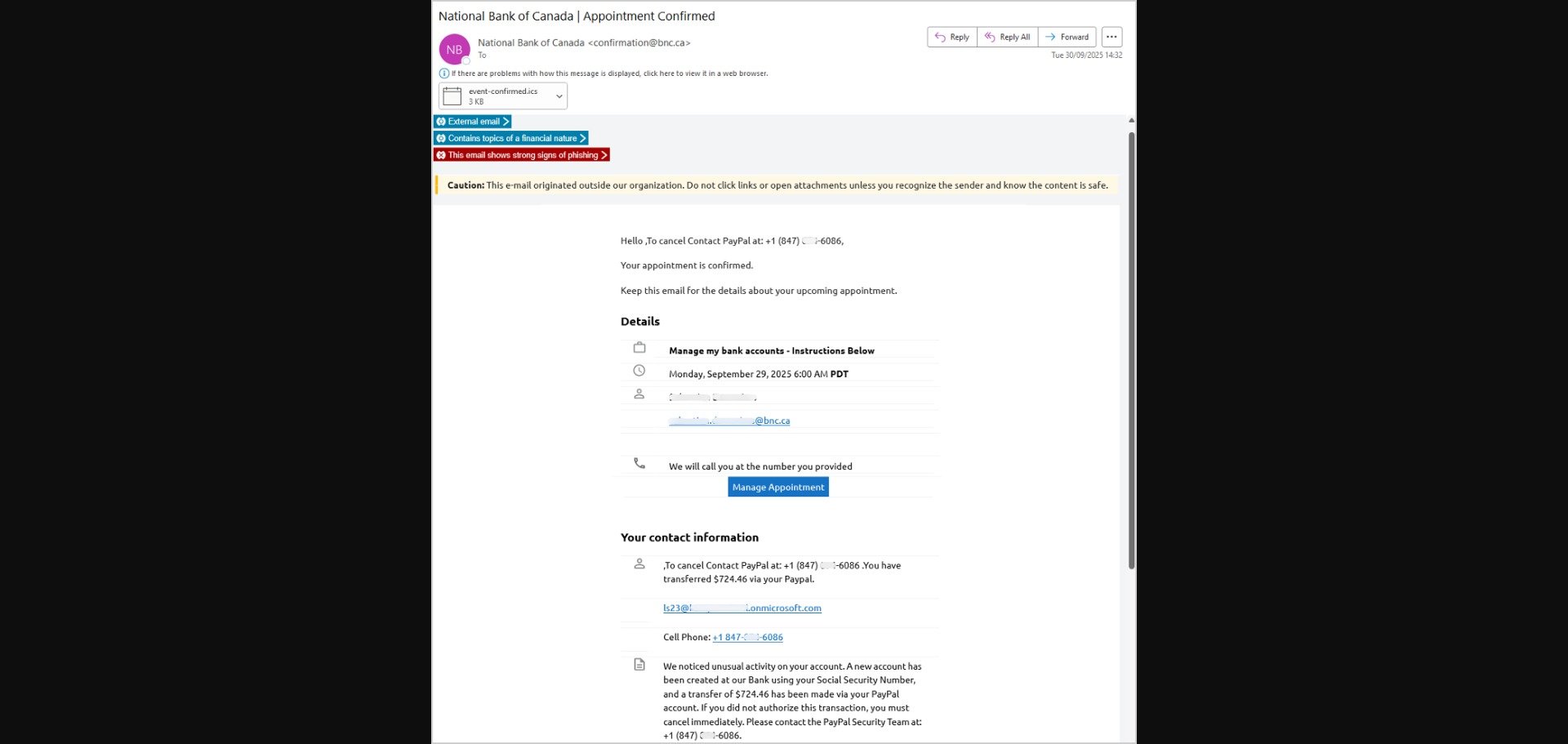 Le mail, détourné, de la Banque nationale du Canada © KnowBe4