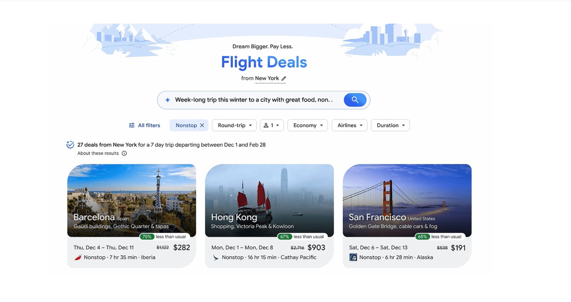 Voici à quoi ressemble l'outil Google Flight Deals © Google