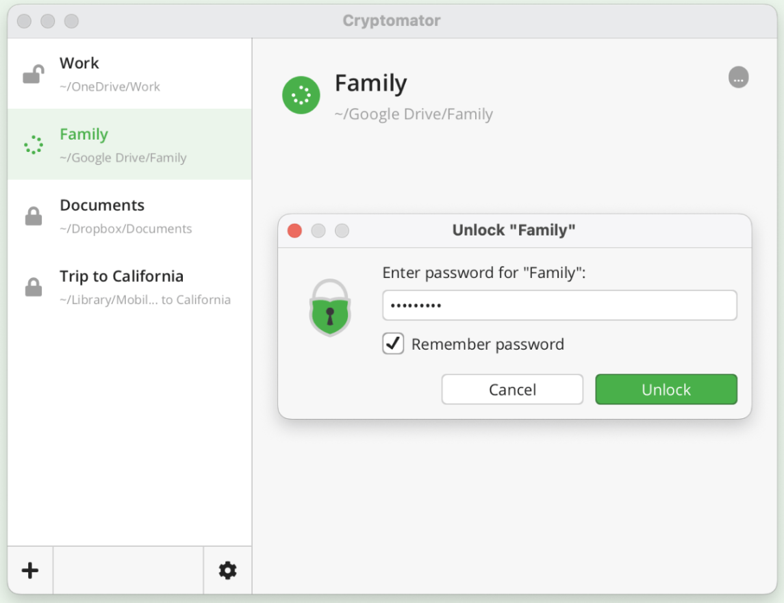 L'interface de Cryptomator sur ordinateur avec plusieurs coffres-forts