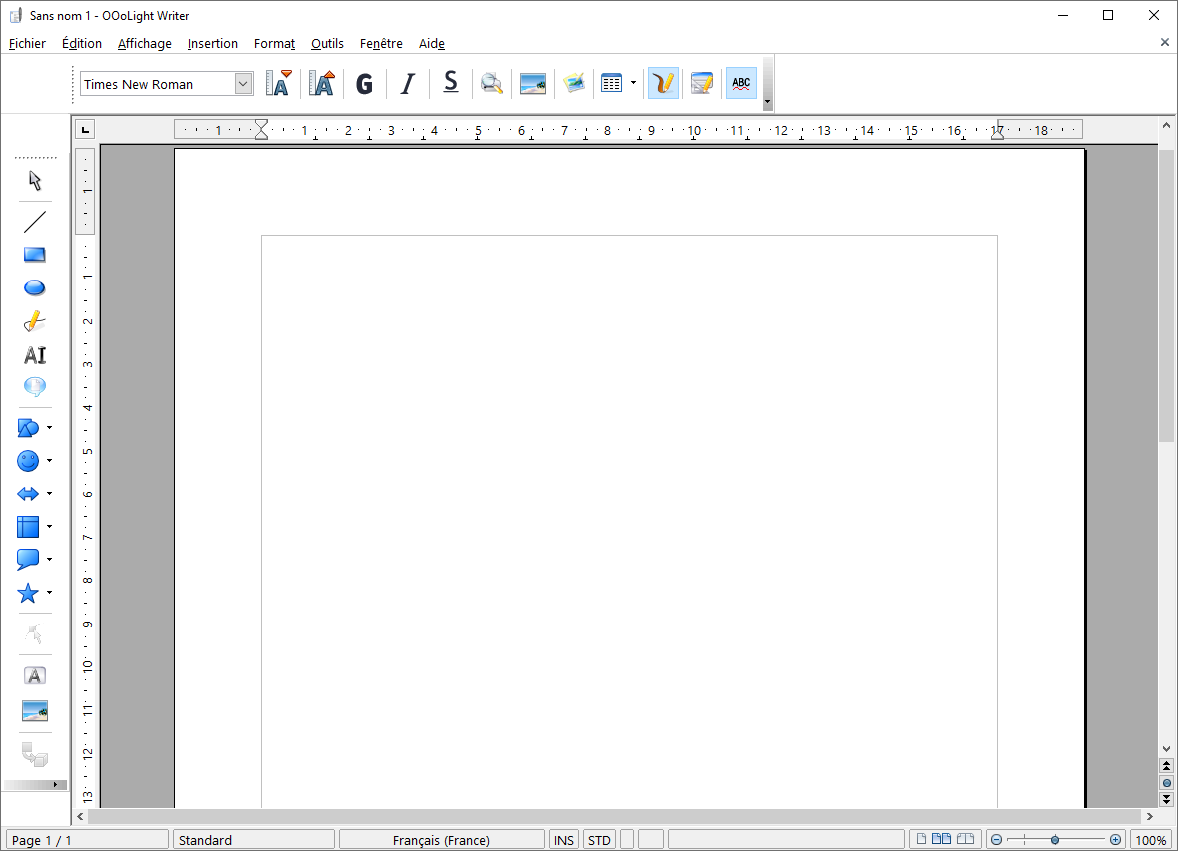 Un des logiciels de la suite, l'éditeur de texte Writer présentant les menus et la page de travail d’un document. - © OOoLight