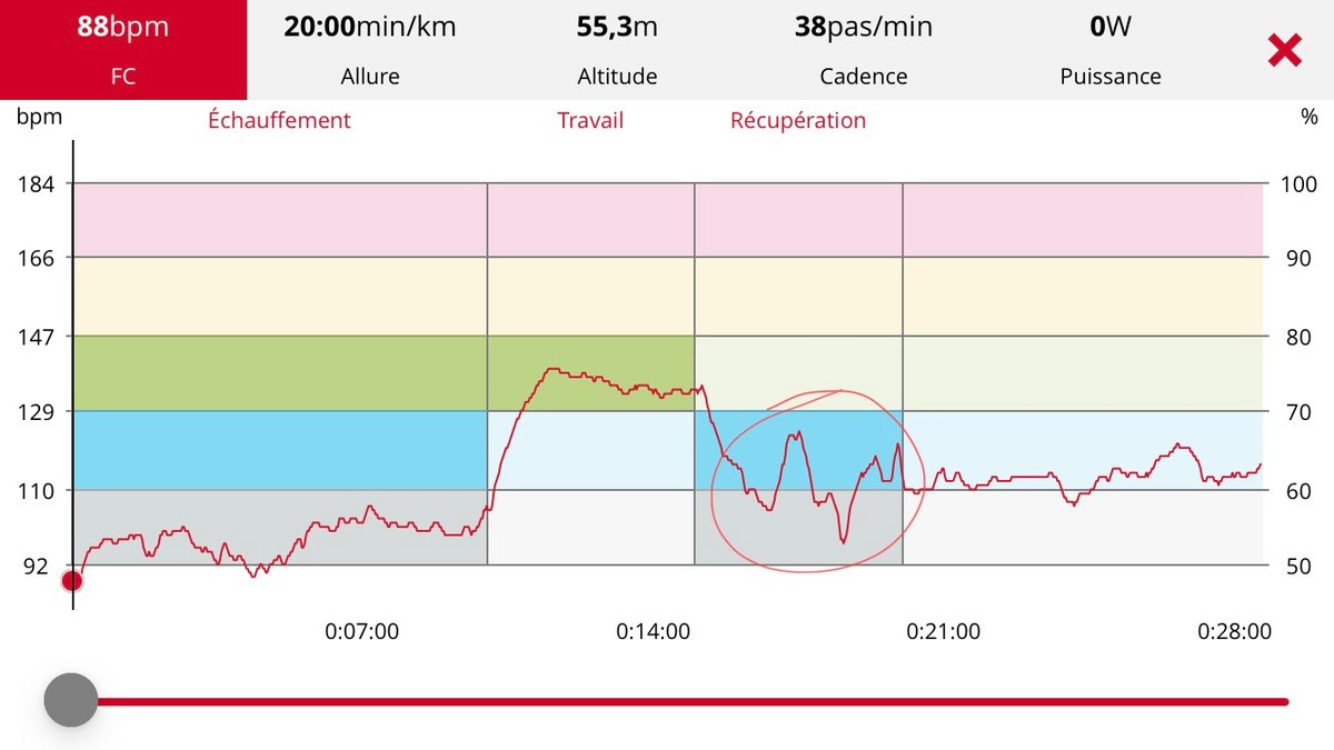 … et celle de la Pacer Pro. Notez les pics en milieu d’exercice, un phénomène rare mais néanmoins à signaler.