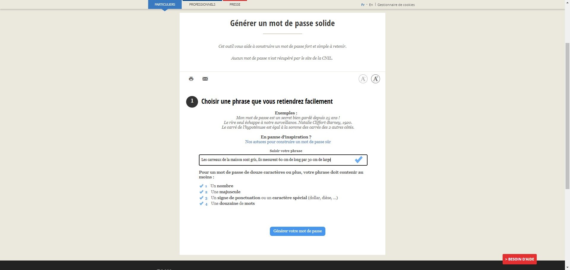 L'outil de génération de mot de passe de la CNIL en action © Alexandre Boero / Clubic