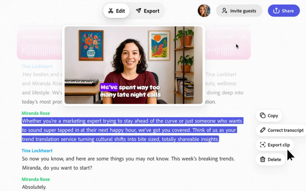 L’interface Studio d’Adobe Podcast permet de monter un épisode comme un texte : la transcription est synchronisée à l’audio, et il suffit de modifier les mots pour éditer le son, rendant le montage simple et accessible depuis un navigateur - © Adobe