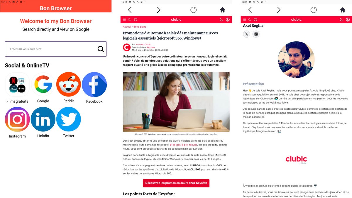 L’interface de Bon Browser reste épurée et facile à prendre en main, avec menus simples, favoris, moteur de recherche au choix, mode sombre et raccourcis pratiques pour une navigation sans distraction - © Axel Reghis