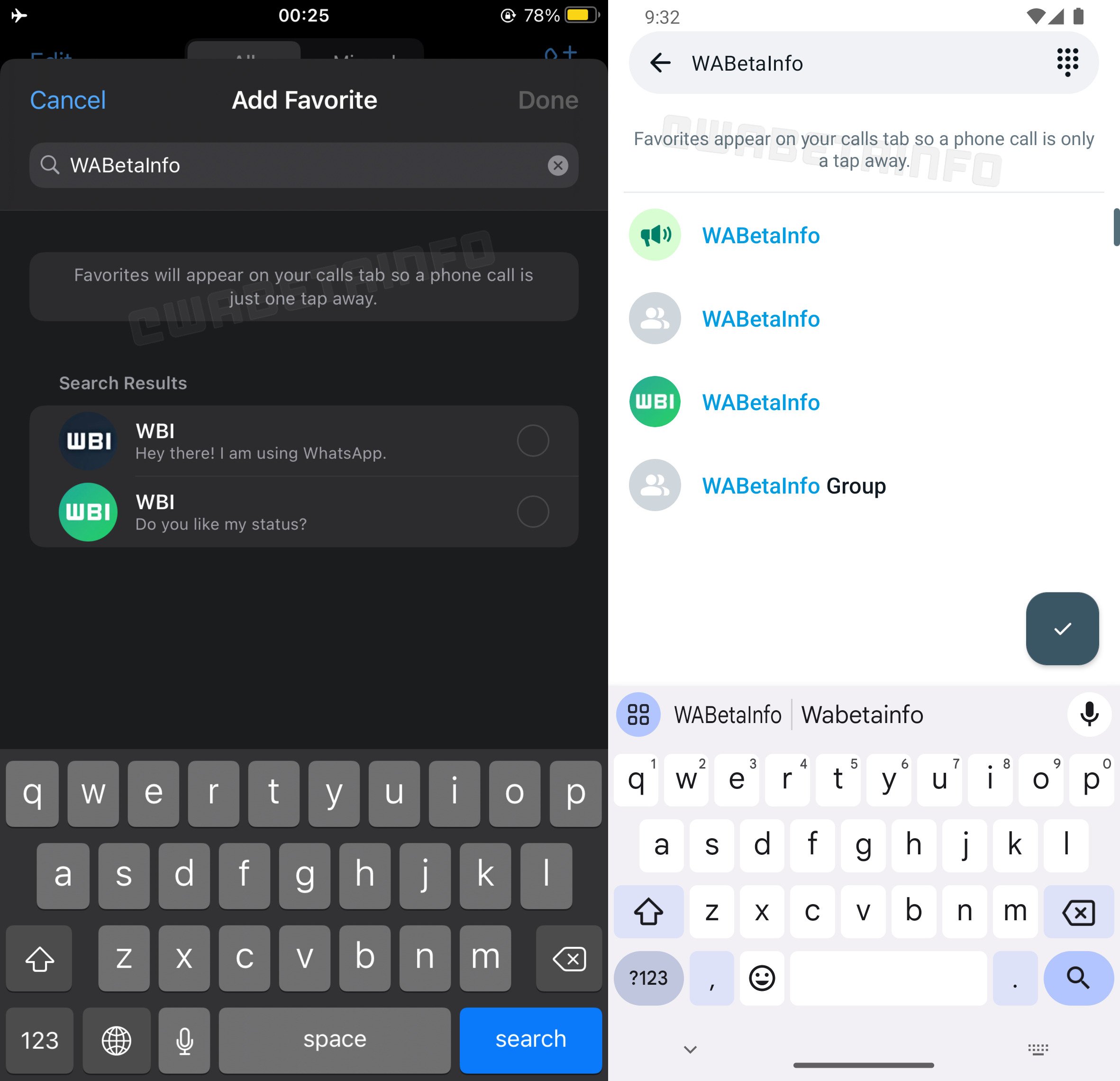 À gauche, un aperçu de la fonctionnalité sur iOS, et sur Android à droite © Captures d'écrans WABetaInfo