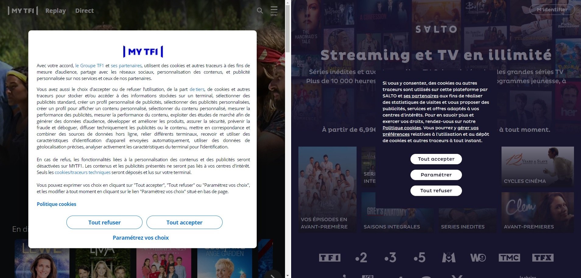 Le groupe TF1, par exemple, propose directement ce choix sur ses plateformes de contenus MyTF1 et Salto, mais pas sur sa galaxie de médias numériques. Même chose pour le site internet de France Culture (© Capture d'écran MYTF1 et Salto)