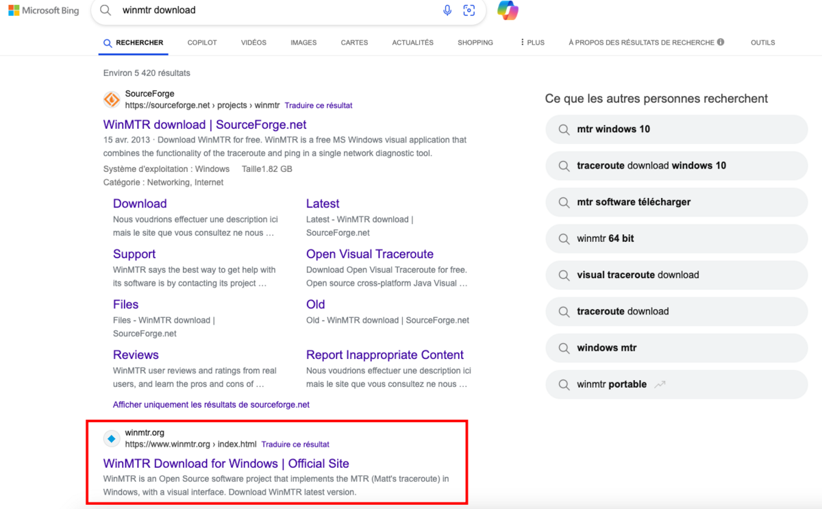 Sous la page officielle du projet, un faux site WinMTR bien référencé par empoisonnement SEO conduit vers le téléchargement du malware Bumblebee. © Clubic