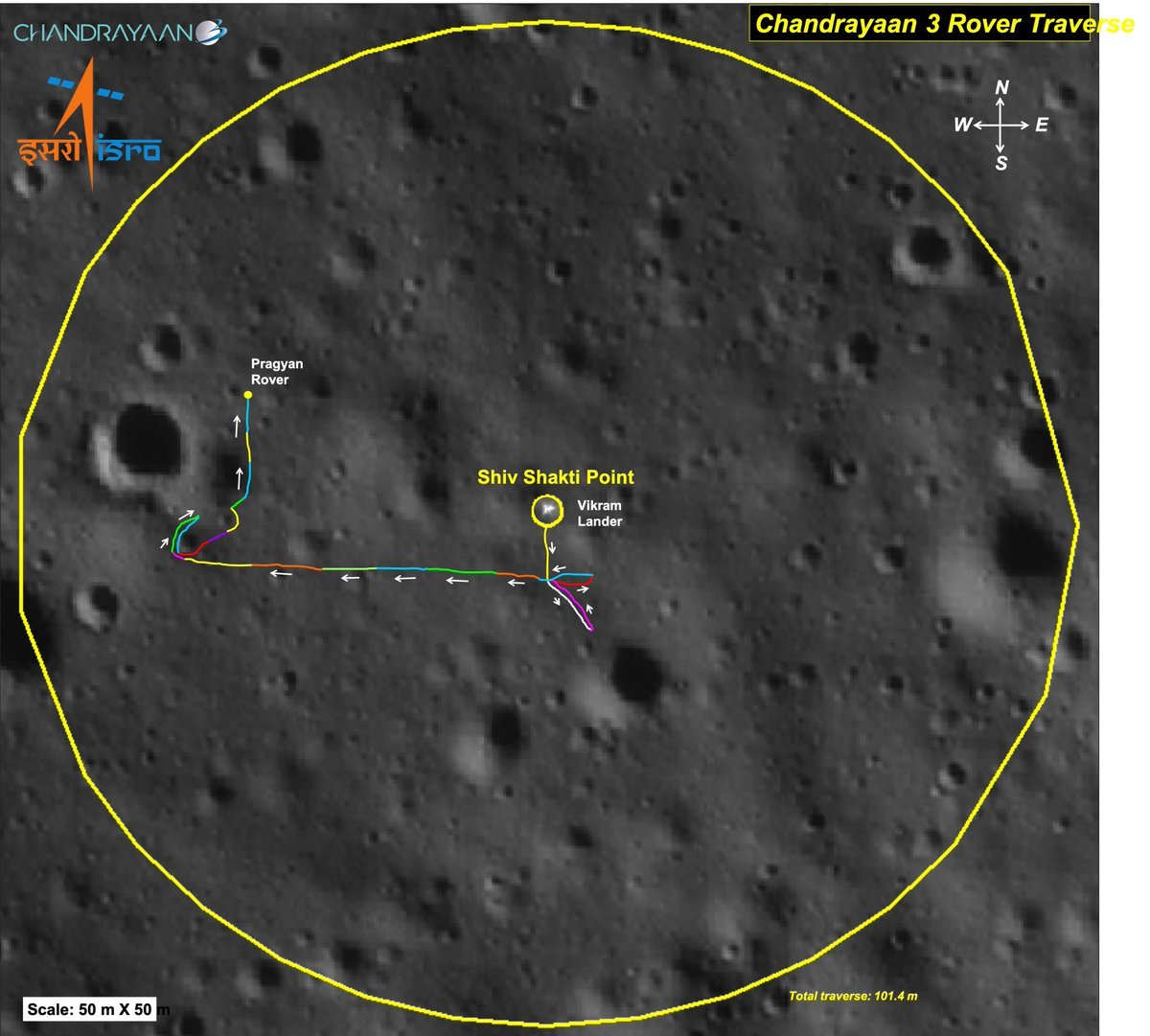 La trajectoire du rover Pragyan sur la surface lunaire © ISRO