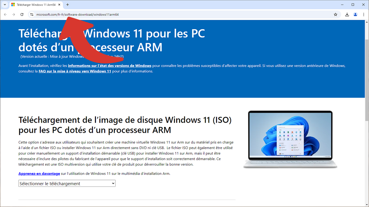 Aller sur le site de Microsoft pour télécharger l'ISO de Windows 11 ARM pour l'utiliser en machine virtuelle ou en clé USB bootable © Clubic