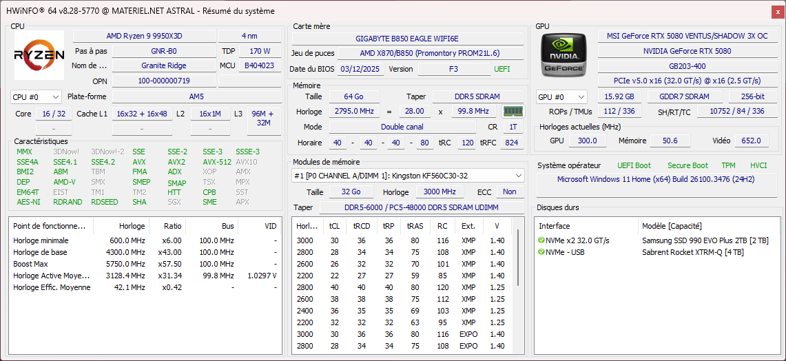HWiNFO fait le point sur la configuration de ce PC Astral IA. ©le Studio Clubic