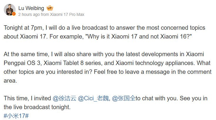 Le Président de Xiaomi annonce une session questions/réponses le 30 septembre. ©Weibo