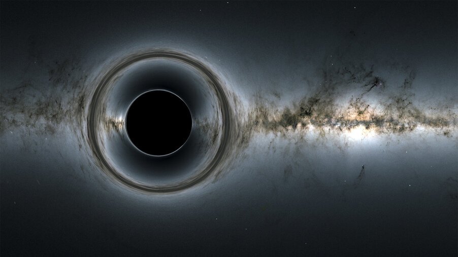 Vue d'artiste de la déformation générée par un trou noir sur l'image de la Voie Lactée produite par la mission Gaia. © NASA-Goddard/ESA/Gaia