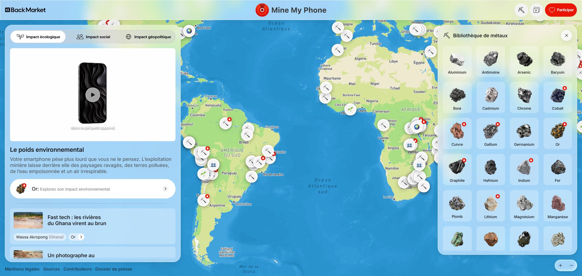 Sur Mine My Phone, Back Market cartographie les sites d'extraction des métaux de nos smartphones et consacre une fiche à chacun d'eux. © Capture d'écran Alexandre Boero / Clubic