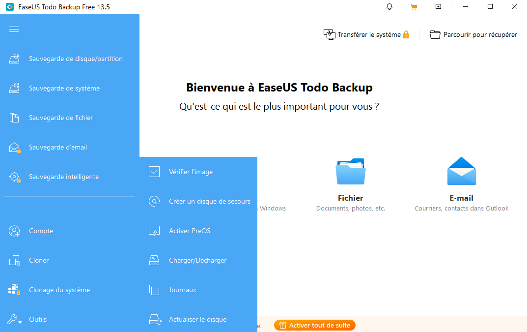 Tableau de bord EaseUs Todo Backup