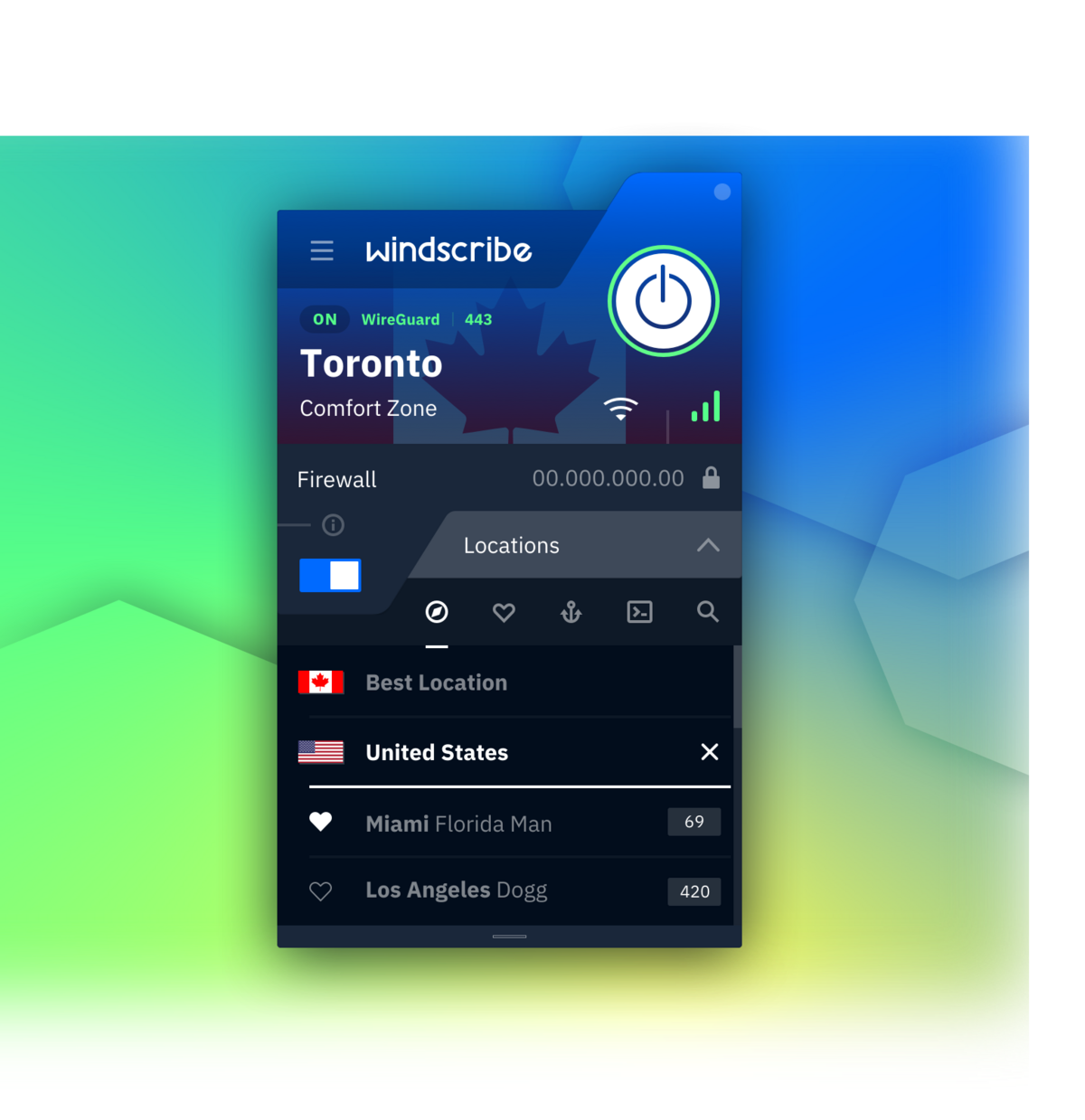 Choisissez facilement votre serveur parmi de nombreux pays pour sécuriser votre connexion internet et protéger vos données. © Windscribe