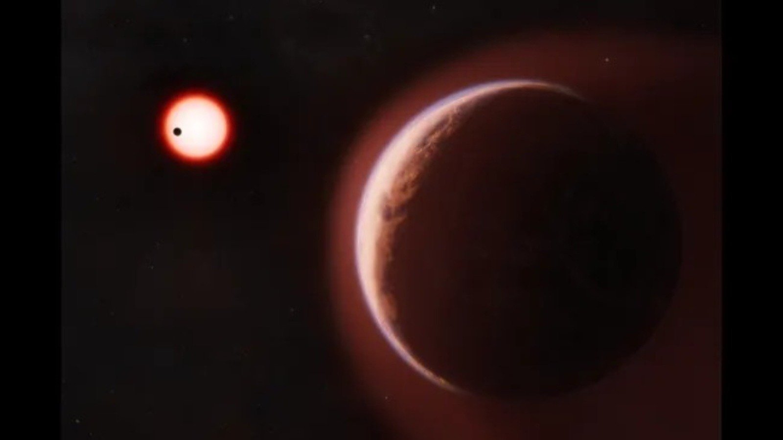 Illustration artistique montrant l'exoplanète LHS 1140 b au premier plan, enveloppée d'une atmosphère d'hélium. À l'arrière-plan se trouve son étoile naine rouge autour de laquelle orbite une autre planète - ©Melissa Weiss/Centre d'astrophysique | Harvard & Smithsonian
