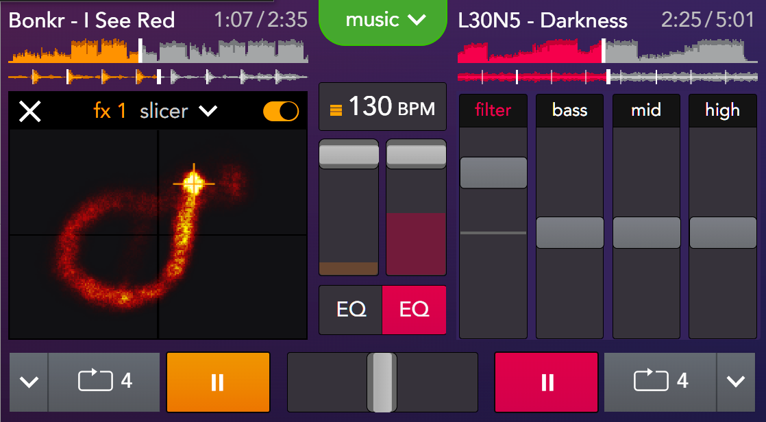 Interface de mixage YOUDJ montrant des commandes de DJ avancées et la visualisation de la musique en cours. © YOUDJ