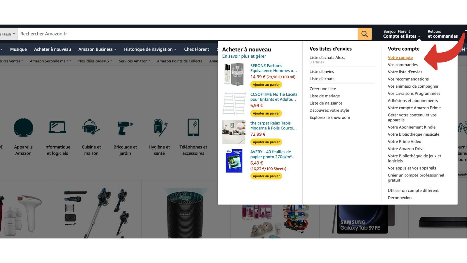Accès aux paramètres de compte sur Amazon