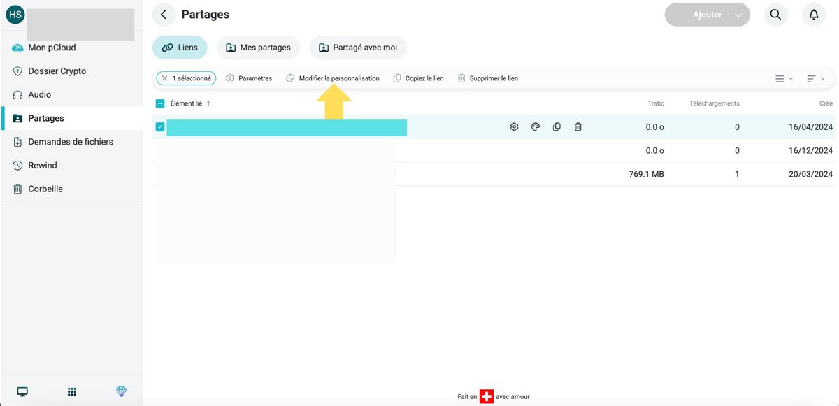 Personnalisez vos liens de partage © pCloud