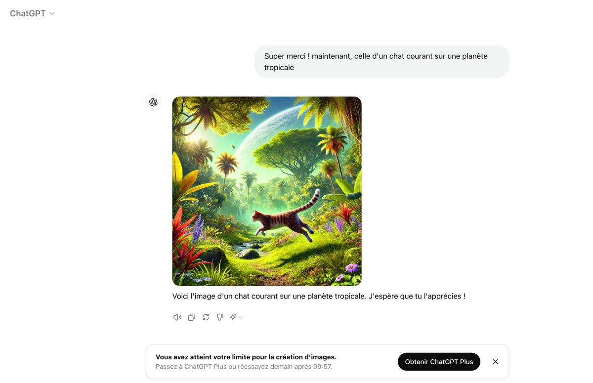 Comme indiqué ici par ChatGPT, la limite de deux images est établie sur 24 heures © Capture d'écran Clubic