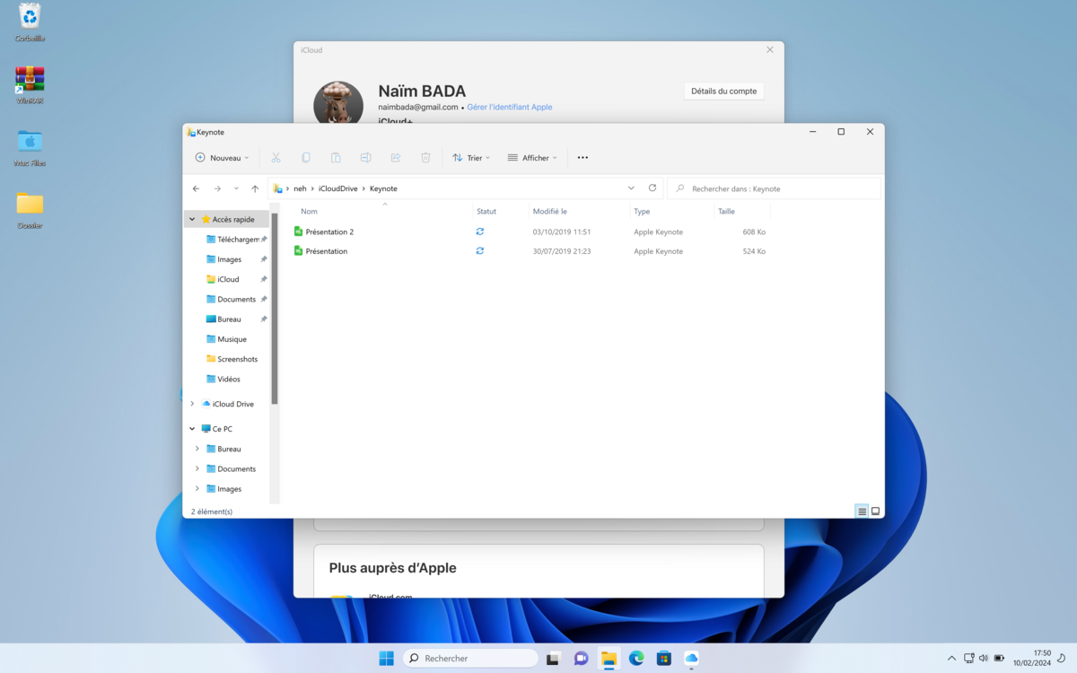 Interface iCloud pour Windows affichant une intégration du service avec l'Explorateur de fichiers, simplifiant la gestion des documents Keynote.