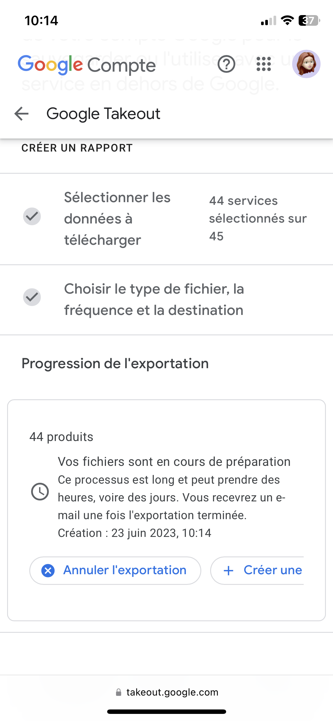 Google Takeout - progression exportation