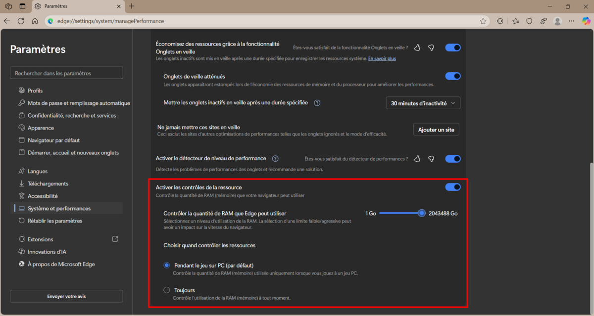 Activez les contrôles de ressources et réglez la quantité de RAM allouée au navigateur. © Clubic