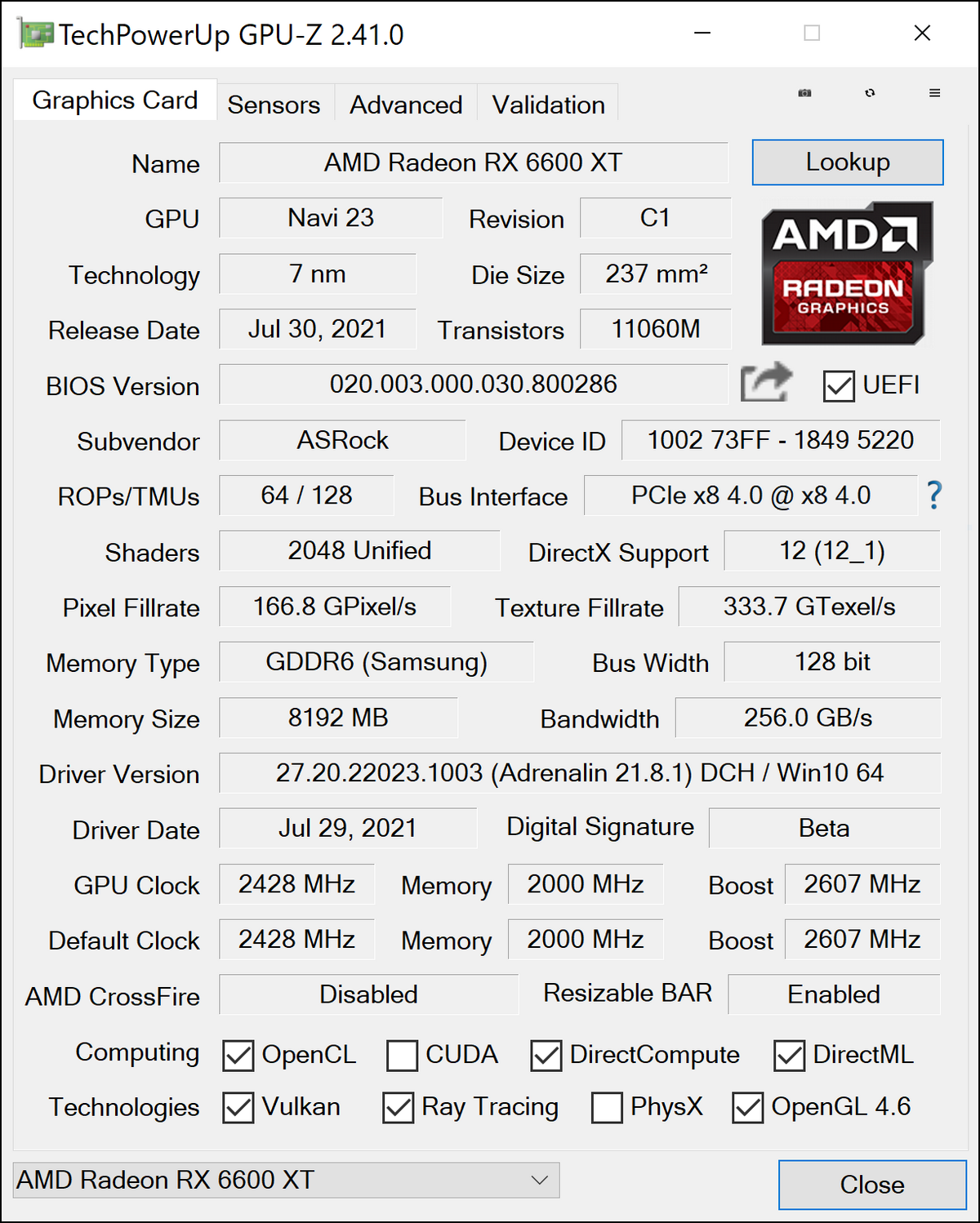 ASRock Radeon RX 6600 XT Phantom Gaming