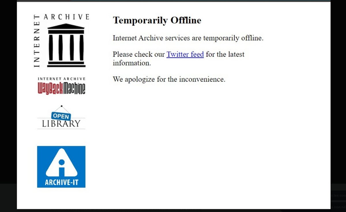 Depuis la cyberattaque, le site The Internet Archive s'affiche offline - Capture d'écran The Internet Archive © Mélina Loupia pour Clubic