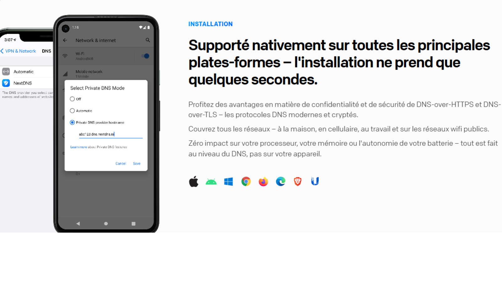 NextDNS est compatible avec les principaux systèmes d’exploitation et navigateurs, avec des méthodes de configuration adaptées à chaque plateforme. © NextDNS Inc.