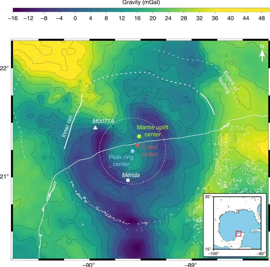 Carte de la variation de gravité du cratère Chicxulub. Collins & al. Nature, 2020