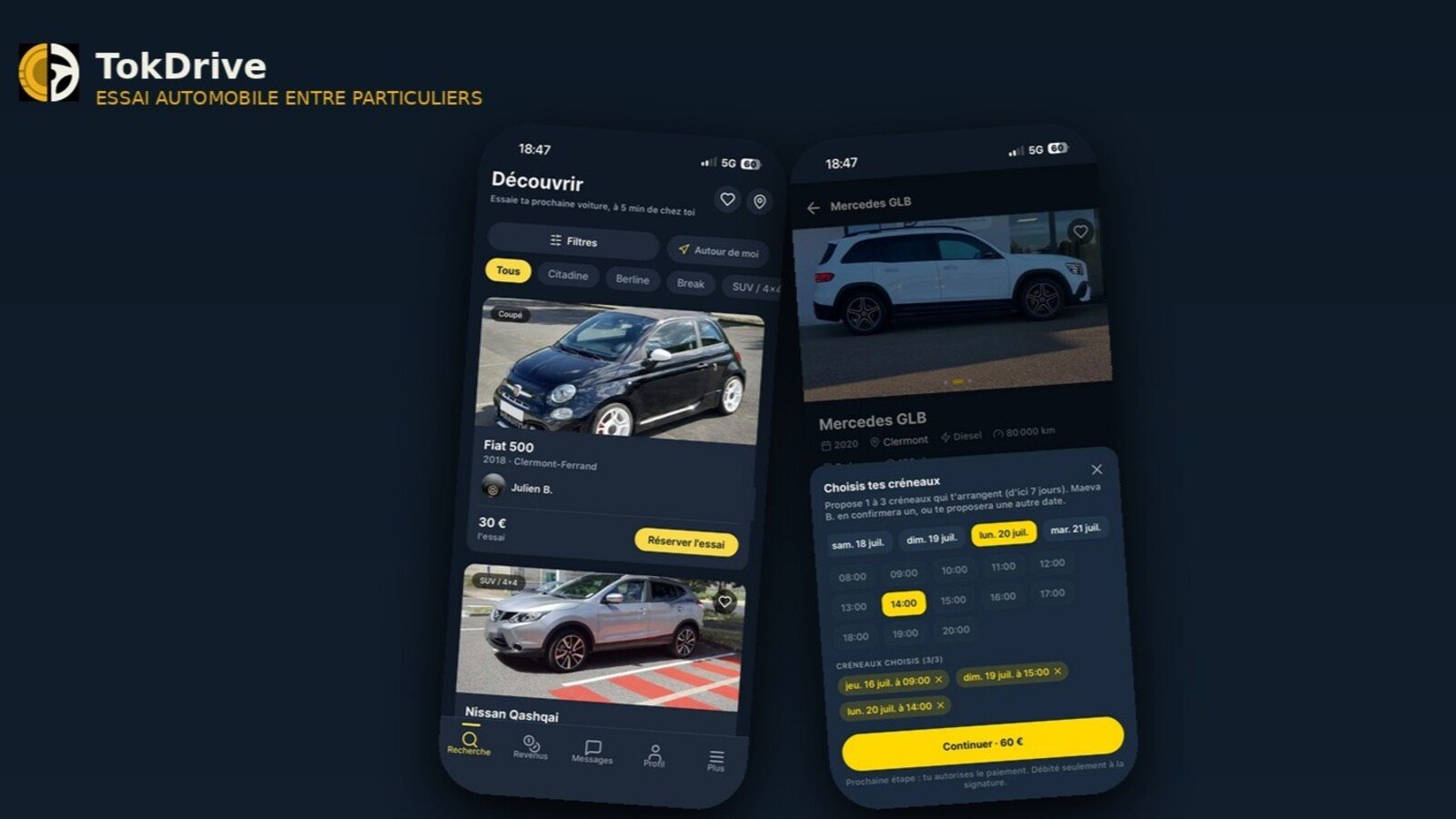 Sur TokDrive, l'acheteur repère une voiture d'occasion près de chez lui, prix de l'essai affiché d'emblée, puis propose jusqu'à trois créneaux au propriétaire. © Clubic / TokDrive