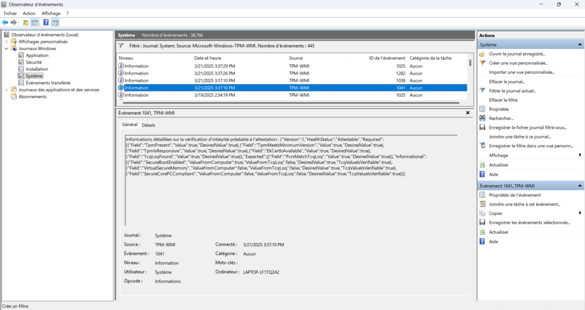 Les résultats détaillés de l'outil Attestation Readiness Verifier sont disponibles dans l'Observateur d'événements Windows (event ID 1041) © Clubic