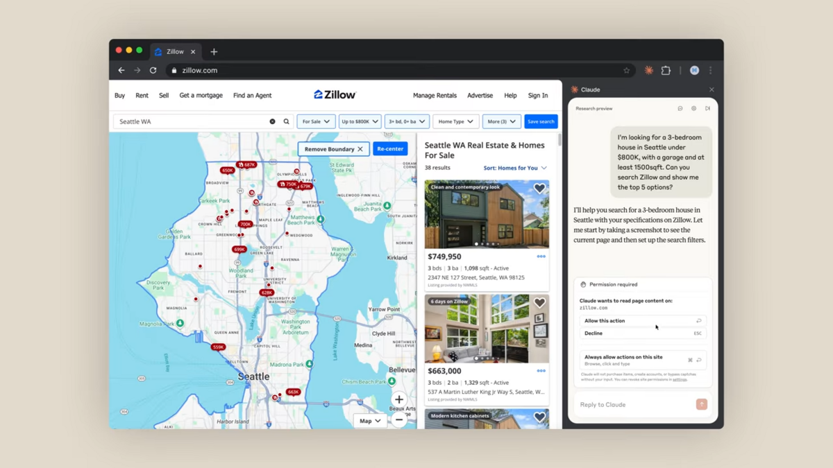 Dans les démonstrations, Claude cherche des annonces immobilières sur Zillow avant de résumer les résultats en temps réel, le tout sans quitter l’onglet. © Anthropic