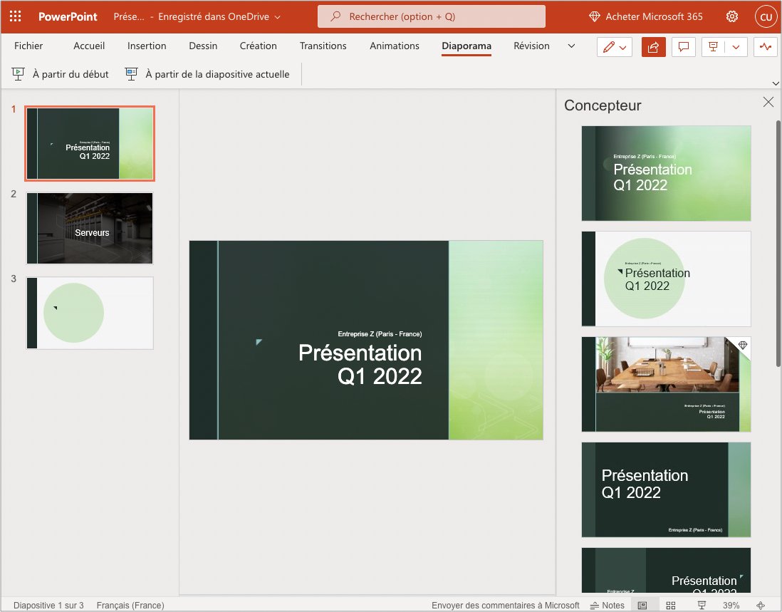 Microsoft 365 Online - Création d'une présentation au sein du concepteur Powerpoint