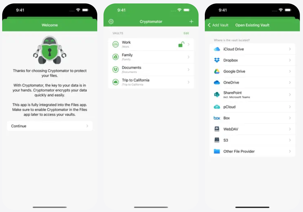 L'interface de Cryptomator sur iPhone