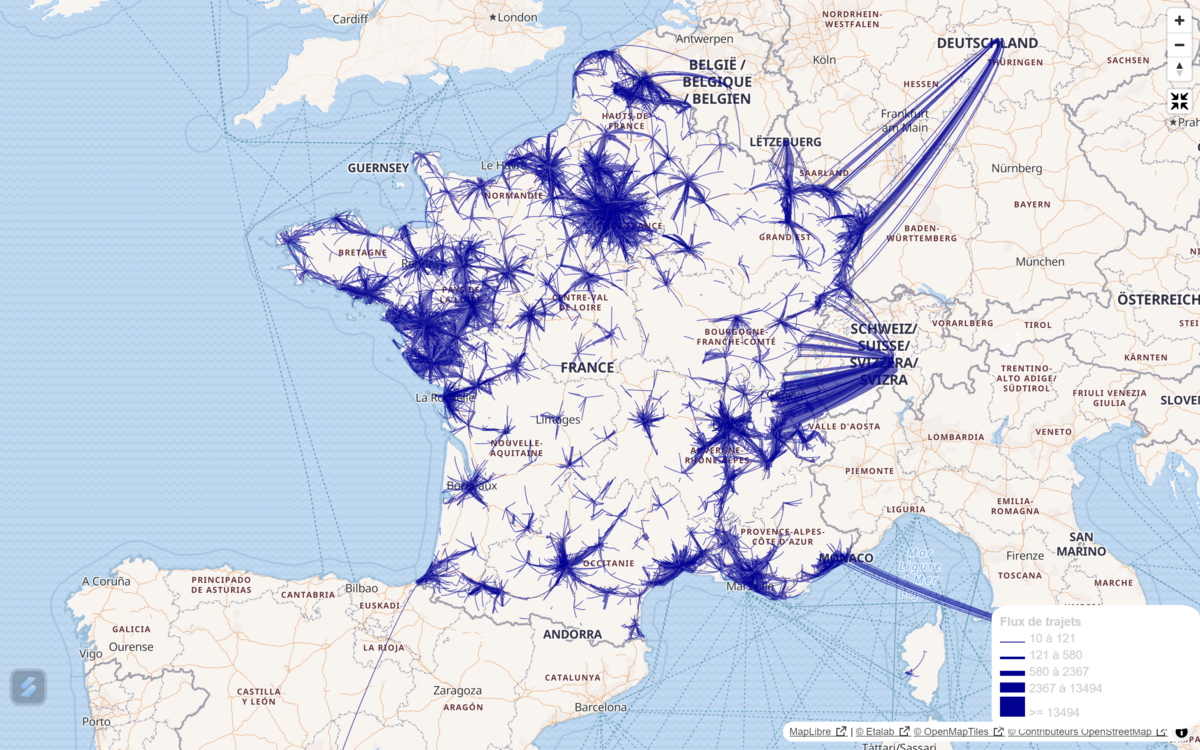 Carte des trajets covoiturés en France © Observatoire nationale du covoiturage quotidien