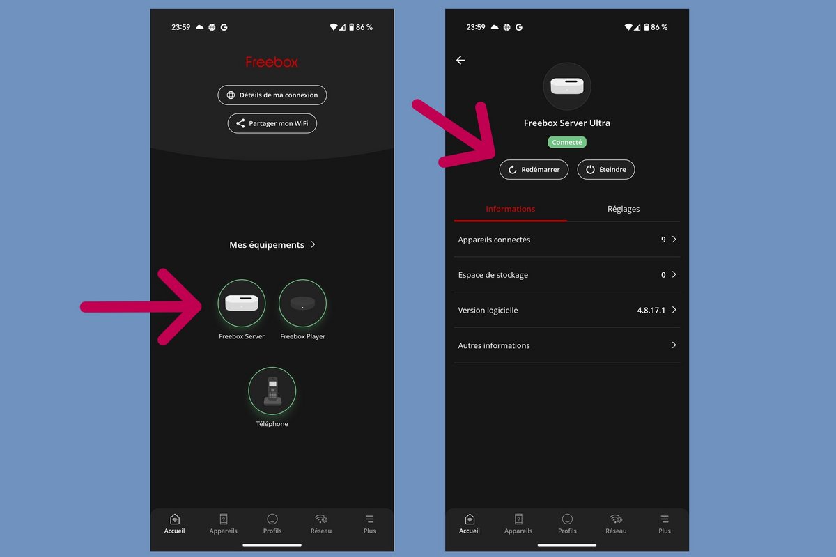 Voici comment redémarrer sa Freebox depuis l'application Freebox Connect © Alexandre Boero / Clubic