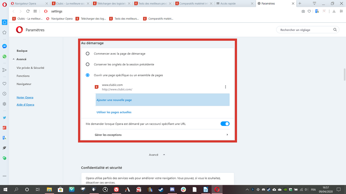Opera réglages démarrage