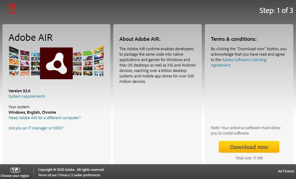 Écran de téléchargement officiel d’Adobe AIR. - © Adobe AIR