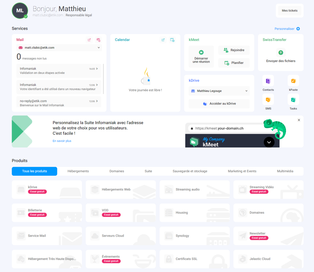 Infomaniak - Tableau de bord global présentant les produits de la firme