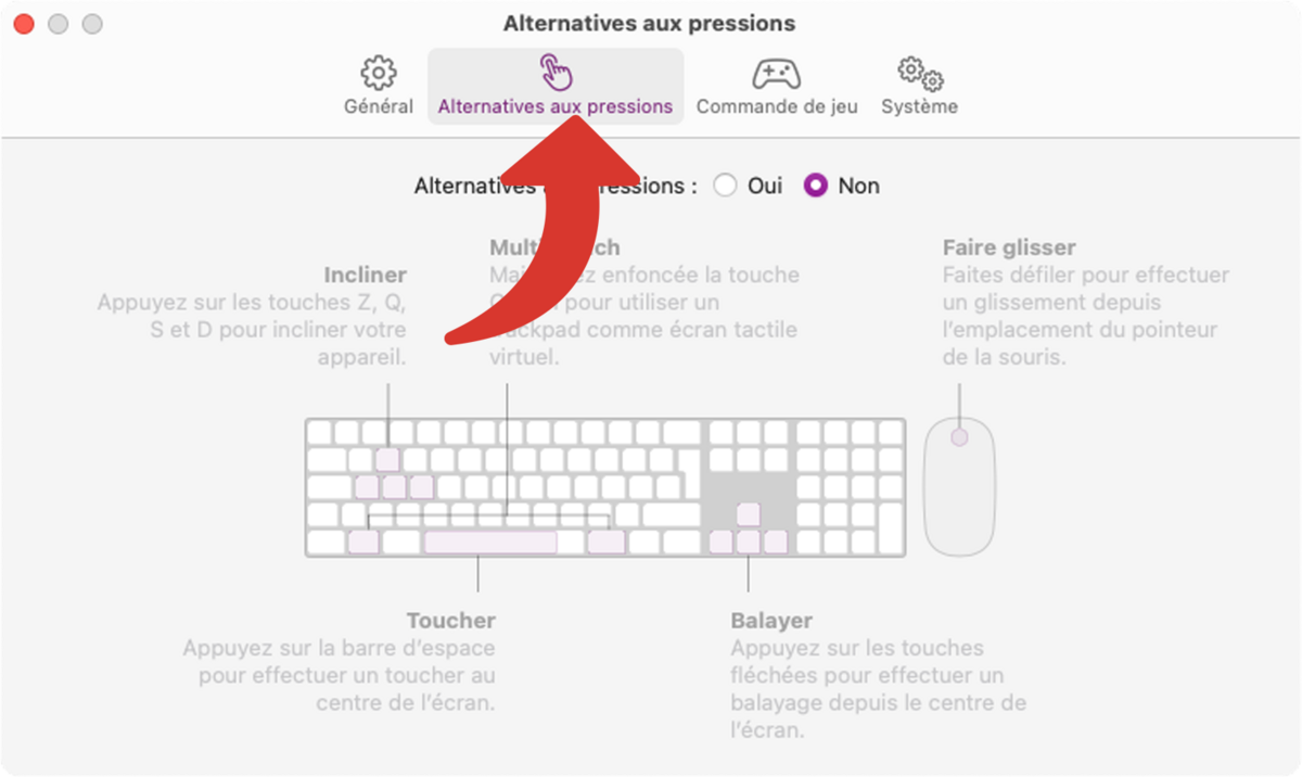 Les options concernant les alternatives aux pressions sur une app iOS sur Mac © Clubic